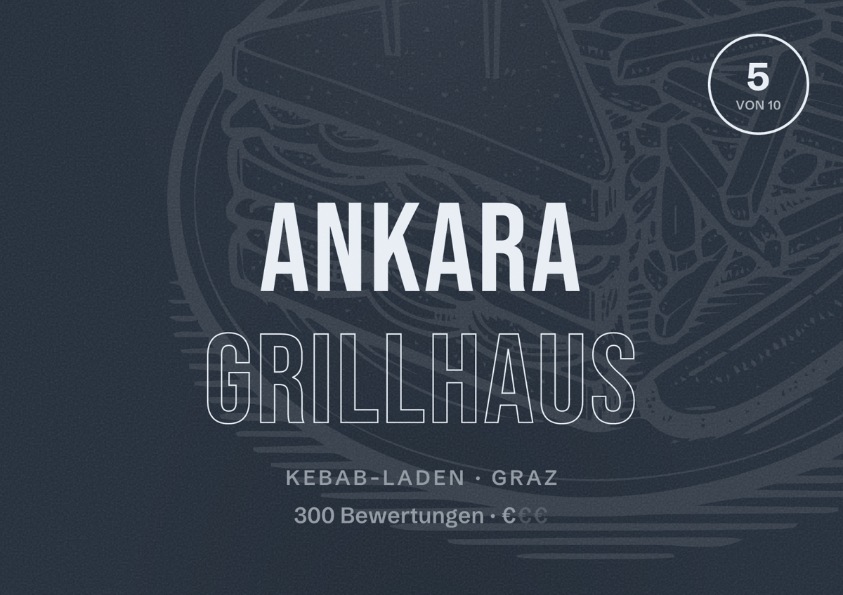 Illustriertes Poster von Ankara Grillhaus, Kebab-Laden in Graz: Bewertung 5 von 10 aus 300 Bewertungen, Preisniveau €