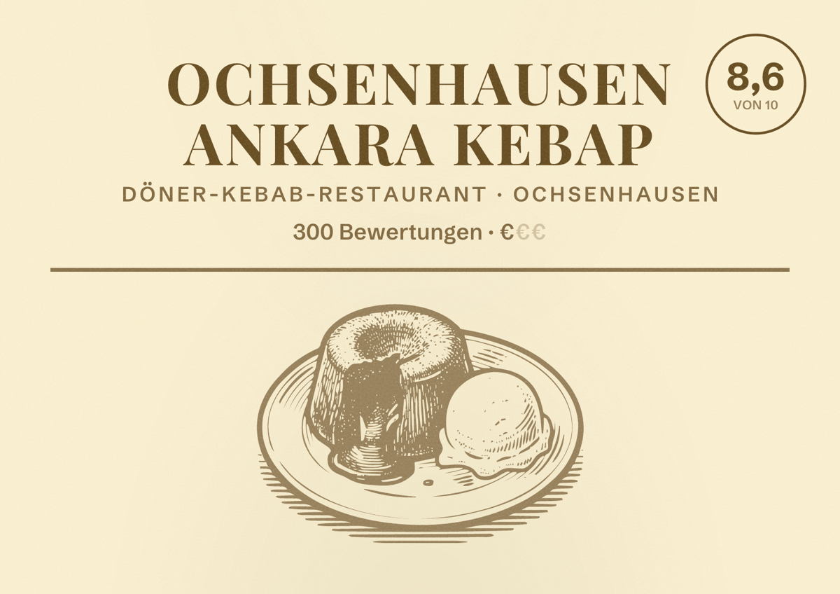 Illustriertes Poster von Ochsenhausen Ankara Kebap, Döner-Kebab-Restaurant in Ochsenhausen: Bewertung 8,6 von 10 aus 300 Bewertungen, Preisniveau €