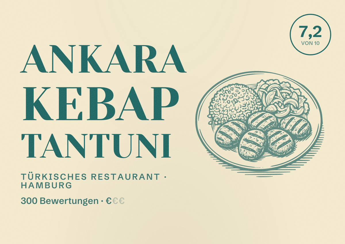 Illustriertes Poster von Ankara Kebap Tantuni, Türkisches Restaurant in Hamburg: Bewertung 7,2 von 10 aus 300 Bewertungen, Preisniveau €