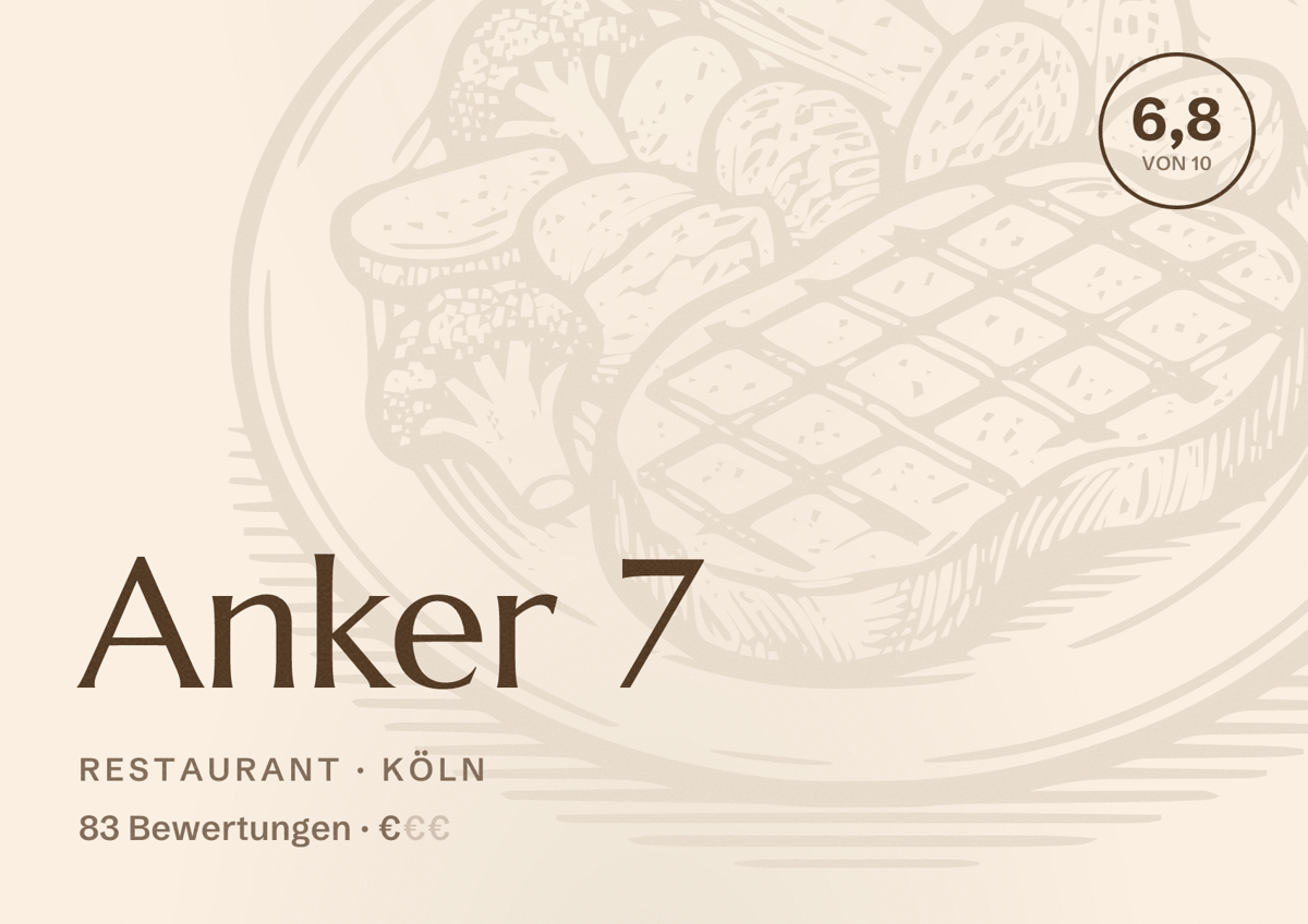 Illustriertes Poster von Anker 7, Restaurant in Köln: Bewertung 6,8 von 10 aus 83 Bewertungen, Preisniveau €