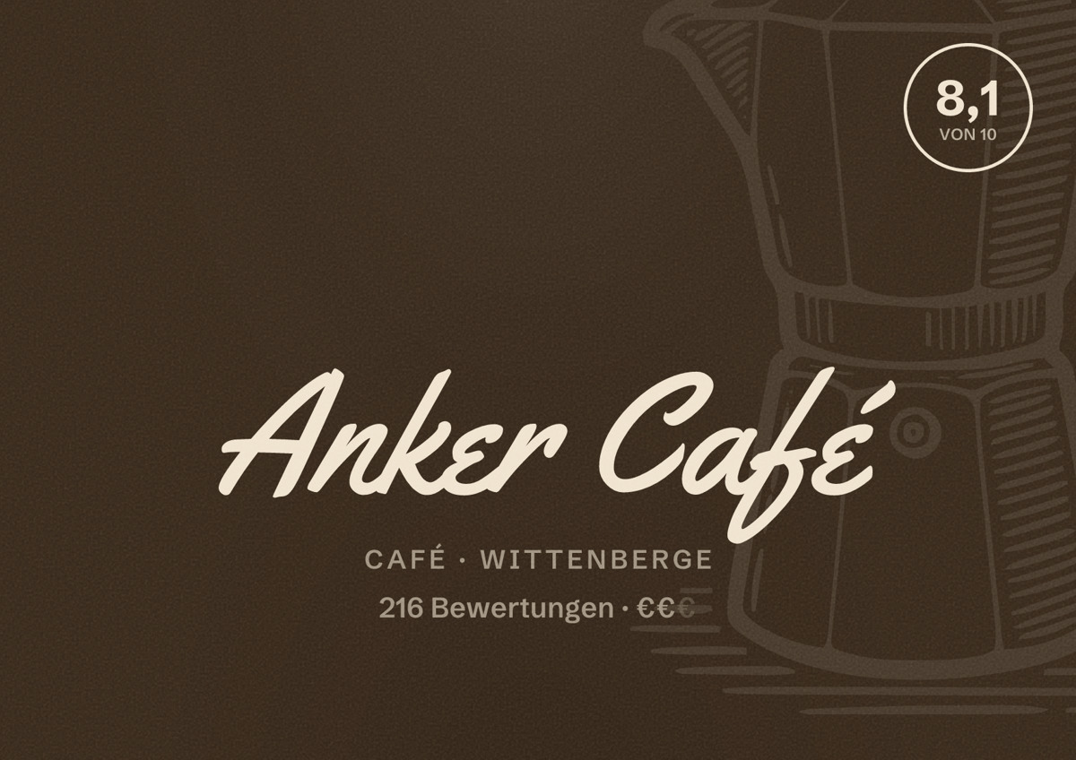 Illustriertes Poster von Anker Café, Café in Wittenberge: Bewertung 8,1 von 10 aus 216 Bewertungen, Preisniveau €€
