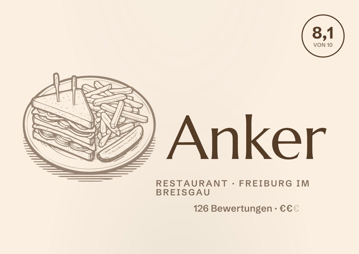 Illustriertes Poster von Anker, Restaurant in Freiburg im Breisgau: Bewertung 8,1 von 10 aus 126 Bewertungen, Preisniveau €€