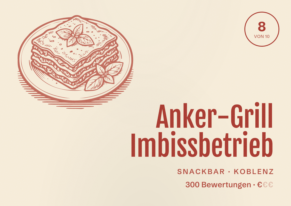 Illustriertes Poster von Anker-Grill Imbissbetrieb, Snackbar in Koblenz: Bewertung 8 von 10 aus 300 Bewertungen, Preisniveau €