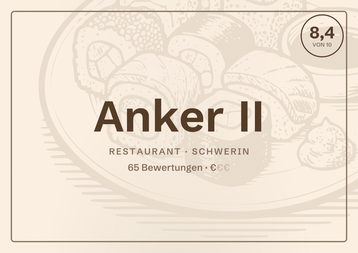 Illustriertes Poster von Anker II, Restaurant in Schwerin: Bewertung 8,4 von 10 aus 65 Bewertungen, Preisniveau €