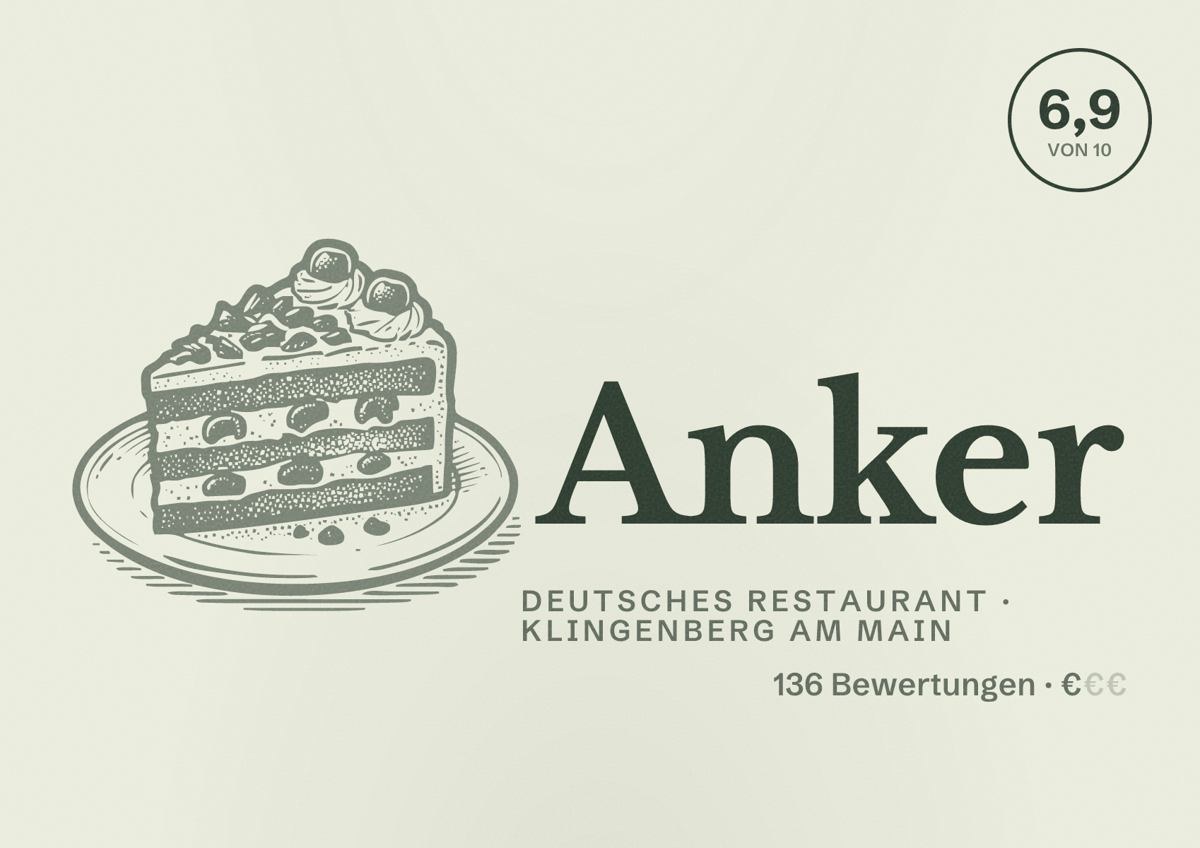 Illustriertes Poster von Anker, Deutsches Restaurant in Klingenberg am Main: Bewertung 6,9 von 10 aus 136 Bewertungen, Preisniveau €