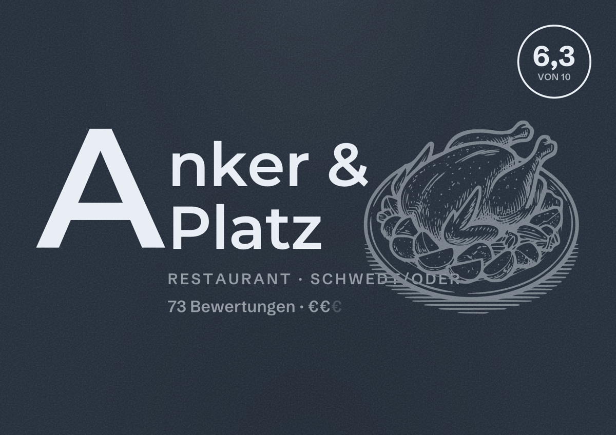 Illustriertes Poster von Anker & Platz, Restaurant in Schwedt/Oder: Bewertung 6,3 von 10 aus 73 Bewertungen, Preisniveau €€