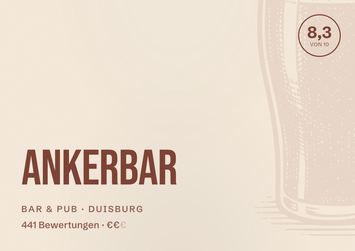 Illustriertes Poster von Ankerbar, Bar & Pub in Duisburg: Bewertung 8,3 von 10 aus 441 Bewertungen, Preisniveau €€