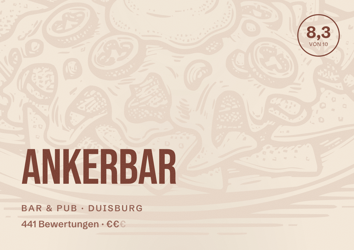 Illustriertes Poster von Ankerbar, Bar & Pub in Duisburg: Bewertung 8,3 von 10 aus 441 Bewertungen, Preisniveau €€