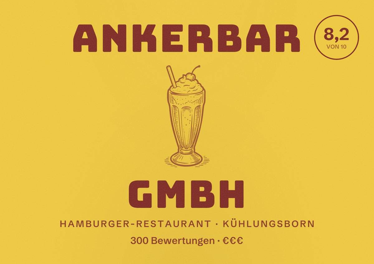 Illustriertes Poster von Ankerbar GmbH, Hamburger-Restaurant in Kühlungsborn: Bewertung 8,2 von 10 aus 300 Bewertungen, Preisniveau €€€