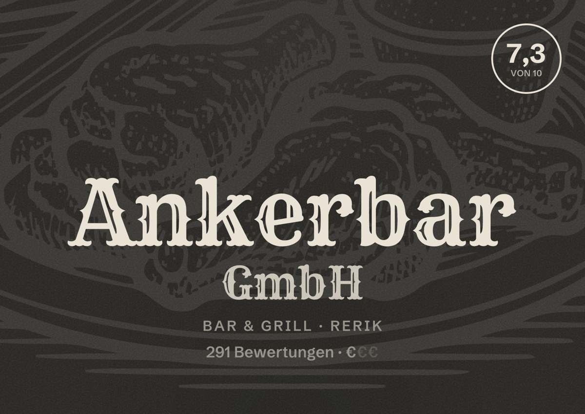 Illustriertes Poster von Ankerbar GmbH, Bar & Grill in Rerik: Bewertung 7,3 von 10 aus 291 Bewertungen, Preisniveau €