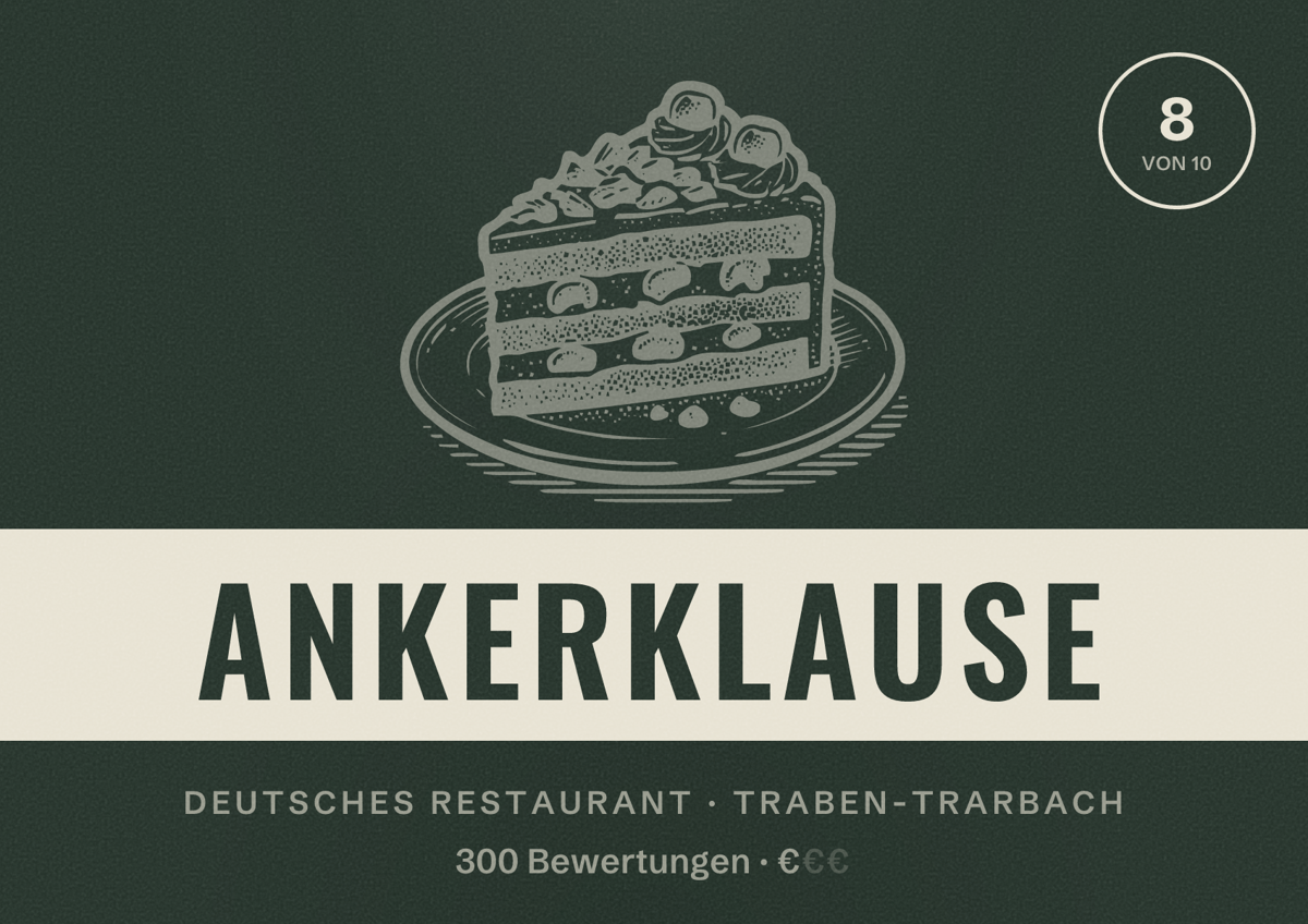 Illustriertes Poster von Ankerklause, Deutsches Restaurant in Traben-Trarbach: Bewertung 8 von 10 aus 300 Bewertungen, Preisniveau €