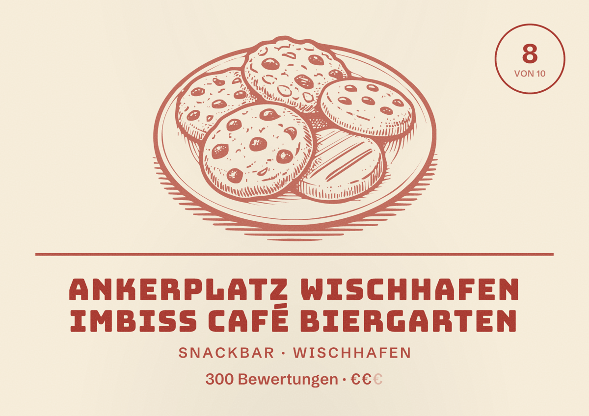 Illustriertes Poster von Ankerplatz Wischhafen Imbiss Café Biergarten, Snackbar in Wischhafen: Bewertung 8 von 10 aus 300 Bewertungen, Preisniveau €€