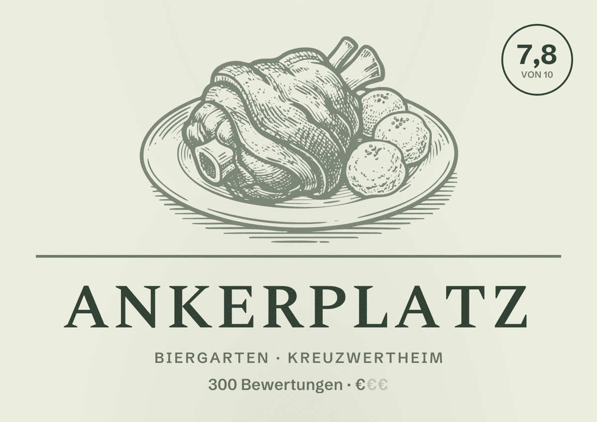 Illustriertes Poster von Ankerplatz, Biergarten in Kreuzwertheim: Bewertung 7,8 von 10 aus 300 Bewertungen, Preisniveau €