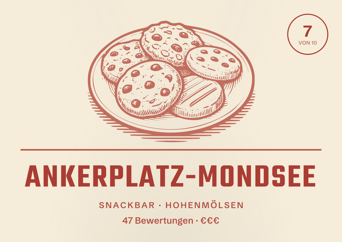 Illustriertes Poster von Ankerplatz-Mondsee, Snackbar in Hohenmölsen: Bewertung 7 von 10 aus 47 Bewertungen, Preisniveau €€€