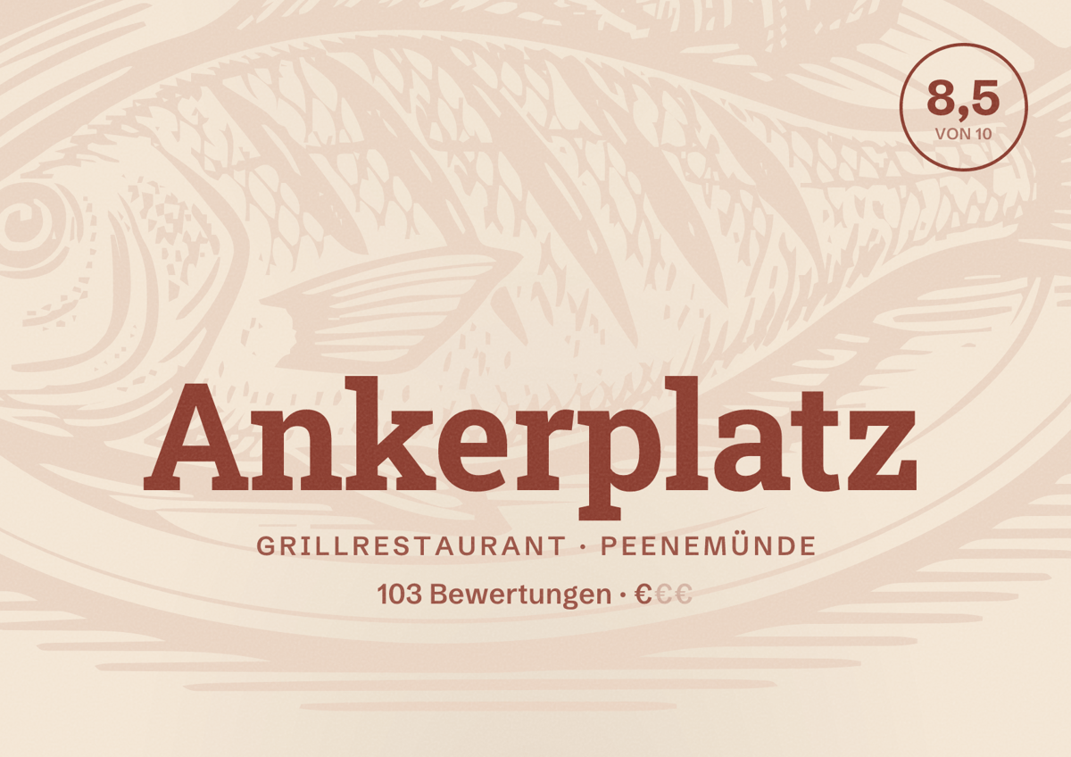 Illustriertes Poster von Ankerplatz, Grillrestaurant in Peenemünde: Bewertung 8,5 von 10 aus 103 Bewertungen, Preisniveau €