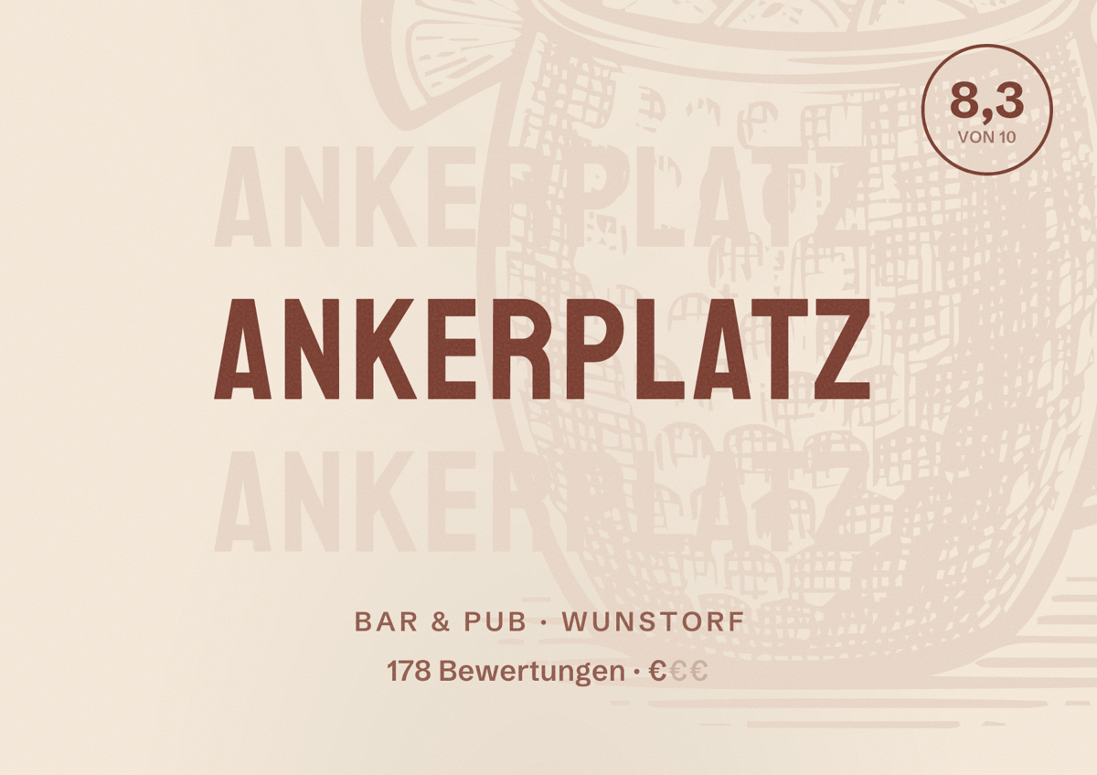 Illustriertes Poster von Ankerplatz, Bar & Pub in Wunstorf: Bewertung 8,3 von 10 aus 178 Bewertungen, Preisniveau €