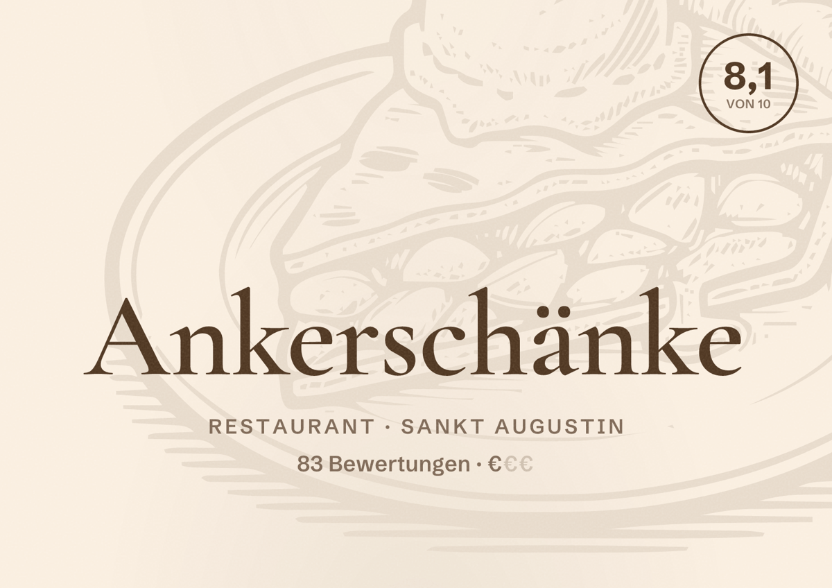 Illustriertes Poster von Ankerschänke, Restaurant in Sankt Augustin: Bewertung 8,1 von 10 aus 83 Bewertungen, Preisniveau €