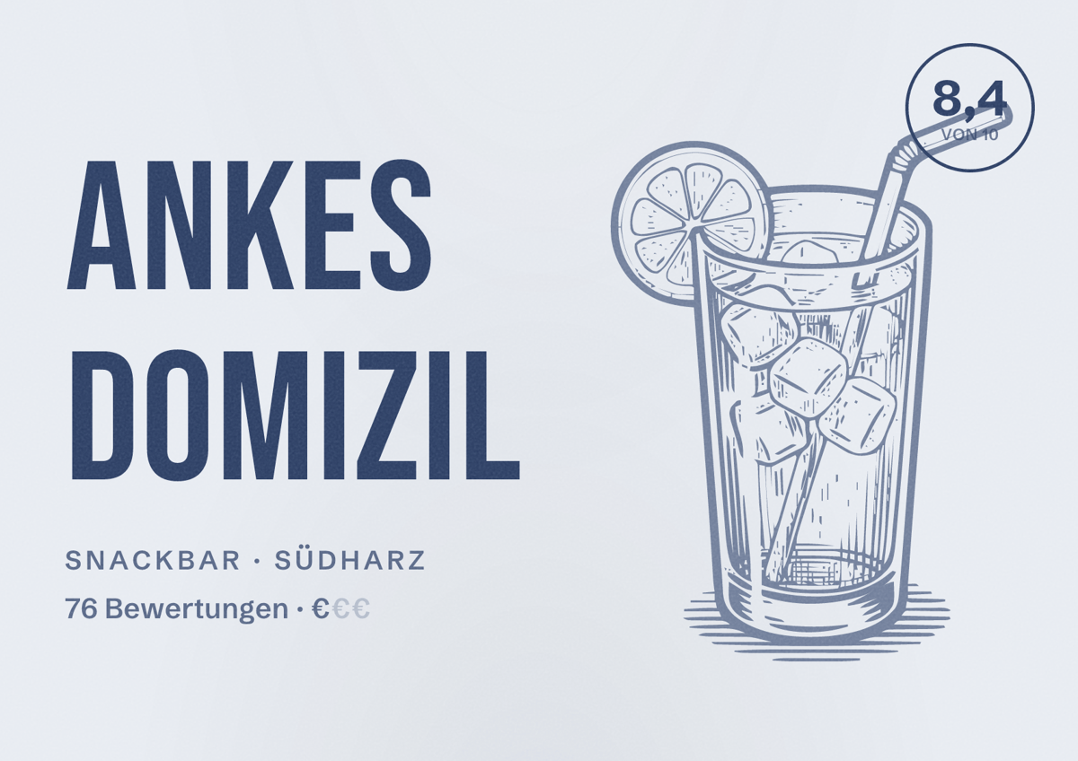 Illustriertes Poster von Ankes Domizil, Snackbar in Südharz: Bewertung 8,4 von 10 aus 76 Bewertungen, Preisniveau €