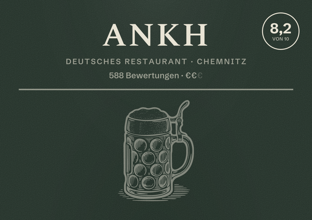 Illustriertes Poster von ankh, Deutsches Restaurant in Chemnitz: Bewertung 8,2 von 10 aus 588 Bewertungen, Preisniveau €€