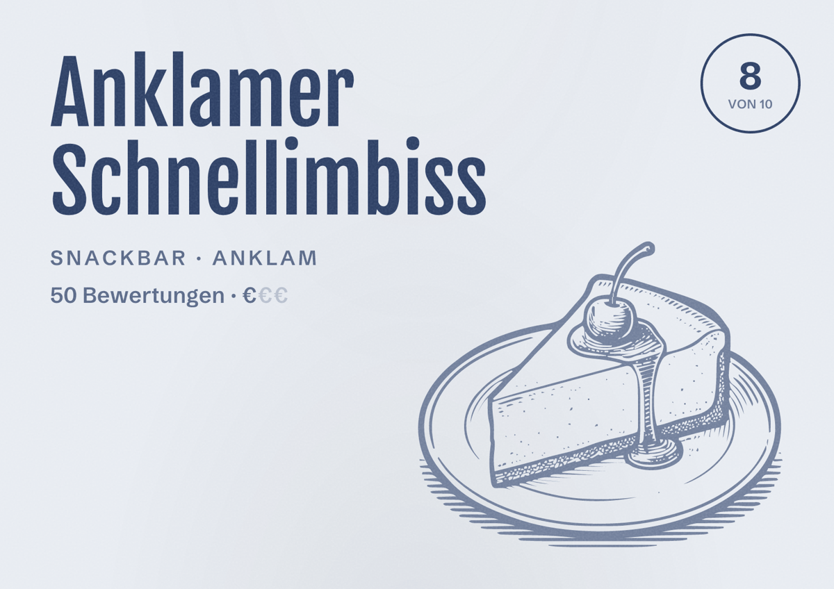 Illustriertes Poster von Anklamer Schnellimbiss, Snackbar in Anklam: Bewertung 8 von 10 aus 50 Bewertungen, Preisniveau €
