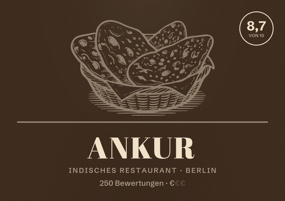 Illustriertes Poster von Ankur, Indisches Restaurant in Berlin: Bewertung 8,7 von 10 aus 250 Bewertungen, Preisniveau €