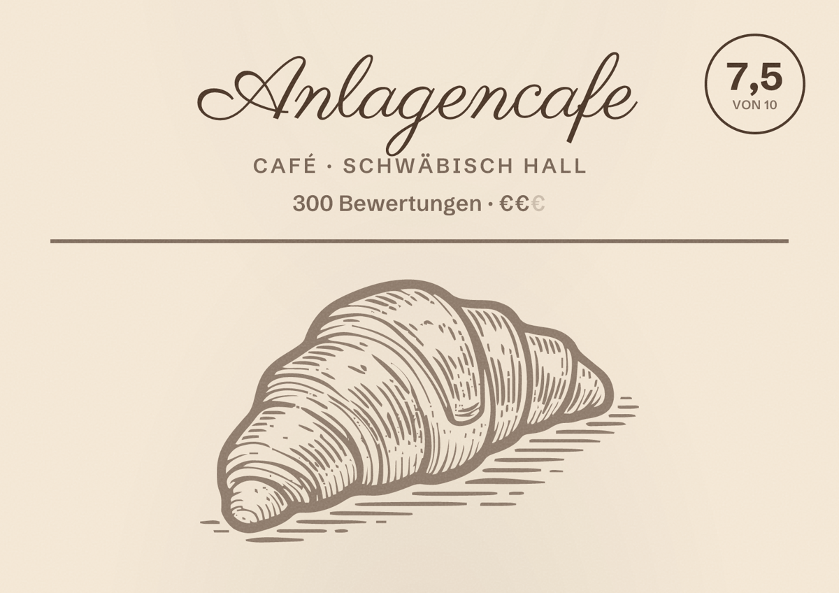 Illustriertes Poster von Anlagencafe, Café in Schwäbisch Hall: Bewertung 7,5 von 10 aus 300 Bewertungen, Preisniveau €€