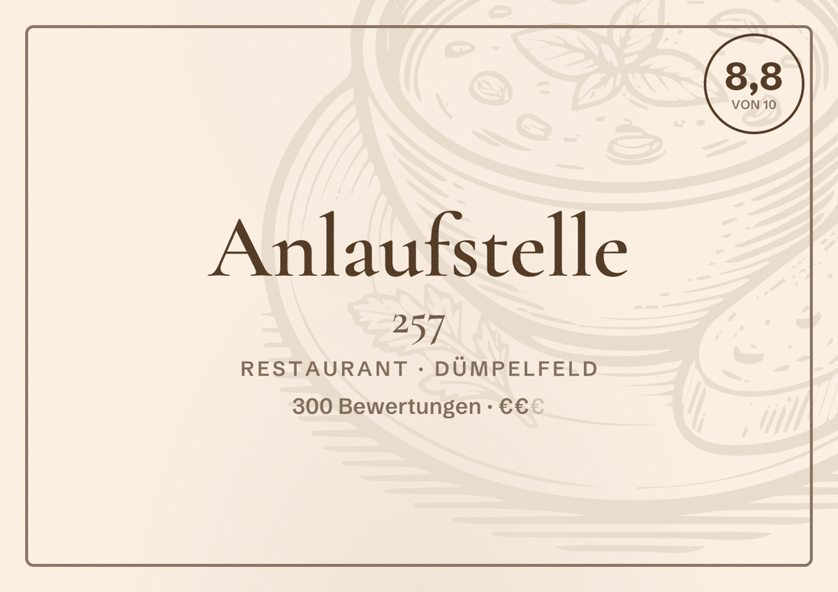 Illustriertes Poster von Anlaufstelle 257, Restaurant in Dümpelfeld: Bewertung 8,8 von 10 aus 300 Bewertungen, Preisniveau €€