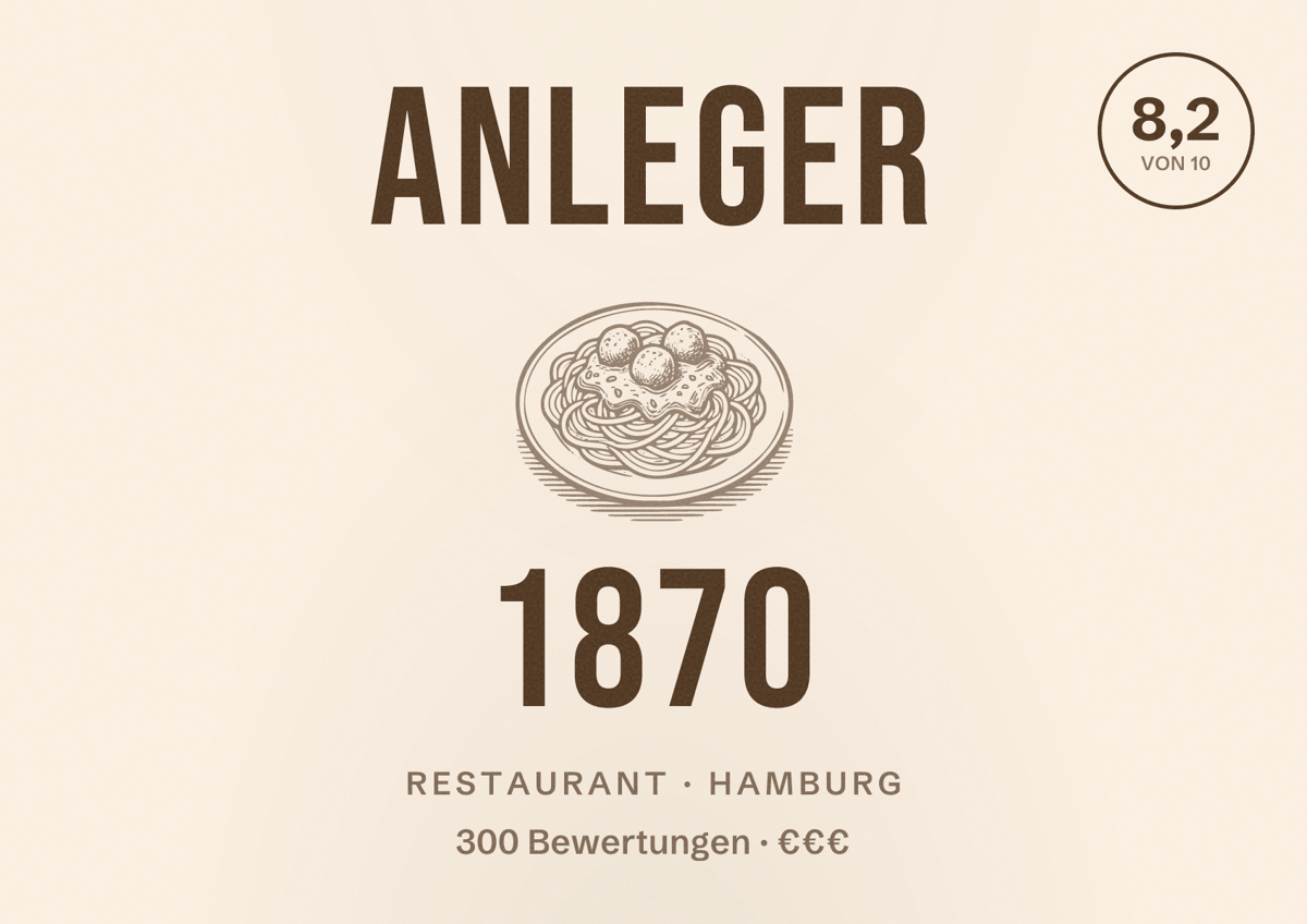 Illustriertes Poster von Anleger 1870, Restaurant in Hamburg: Bewertung 8,2 von 10 aus 300 Bewertungen, Preisniveau €€€