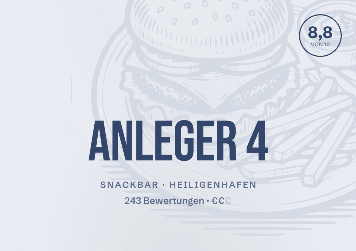 Illustriertes Poster von Anleger 4, Snackbar in Heiligenhafen: Bewertung 8,8 von 10 aus 243 Bewertungen, Preisniveau €€