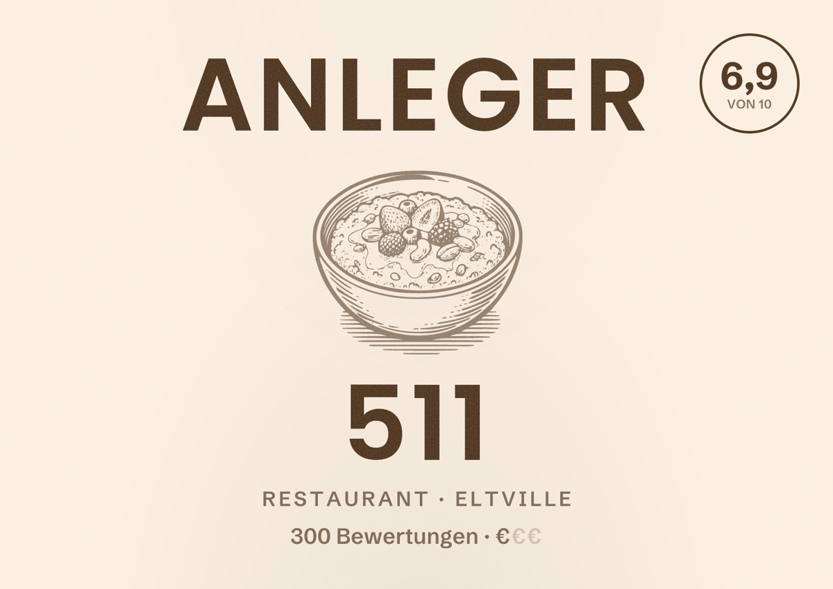 Illustriertes Poster von Anleger 511, Restaurant in Eltville: Bewertung 6,9 von 10 aus 300 Bewertungen, Preisniveau €