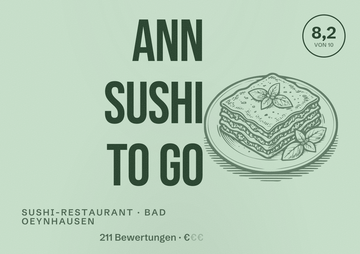 Illustriertes Poster von Ann Sushi To Go, Sushi-Restaurant in Bad Oeynhausen: Bewertung 8,2 von 10 aus 211 Bewertungen, Preisniveau €