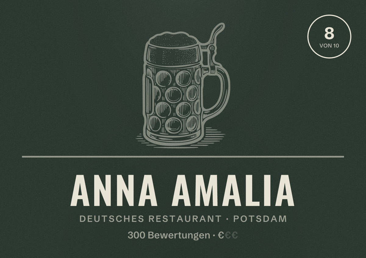 Illustriertes Poster von Anna Amalia, Deutsches Restaurant in Potsdam: Bewertung 8 von 10 aus 300 Bewertungen, Preisniveau €