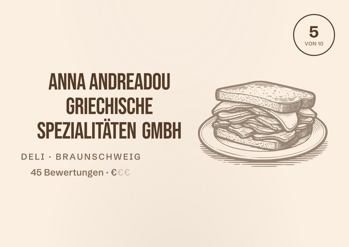 Illustriertes Poster von Anna Andreadou Griechische Spezialitäten GmbH, Deli in Braunschweig: Bewertung 5 von 10 aus 45 Bewertungen, Preisniveau €