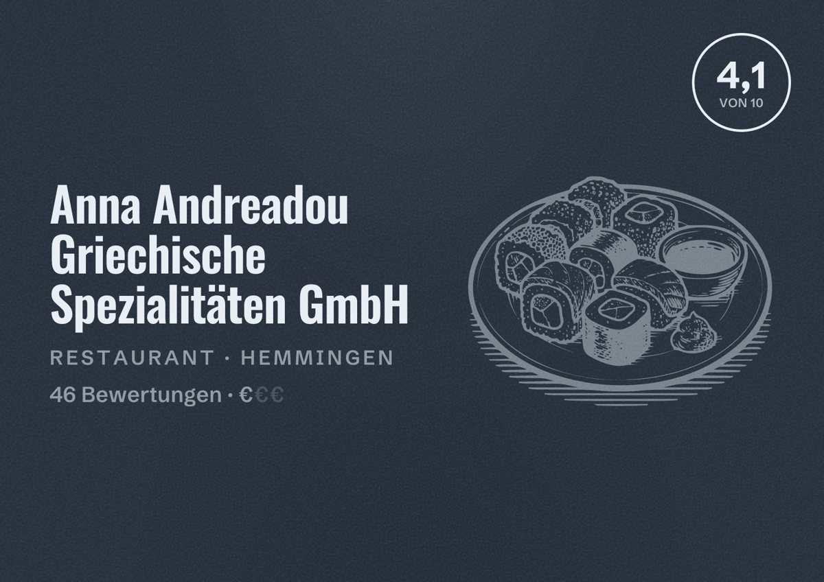 Illustriertes Poster von Anna Andreadou Griechische Spezialitäten GmbH, Restaurant in Hemmingen: Bewertung 4,1 von 10 aus 46 Bewertungen, Preisniveau €