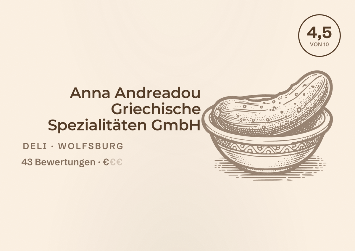 Illustriertes Poster von Anna Andreadou Griechische Spezialitäten GmbH, Deli in Wolfsburg: Bewertung 4,5 von 10 aus 43 Bewertungen, Preisniveau €