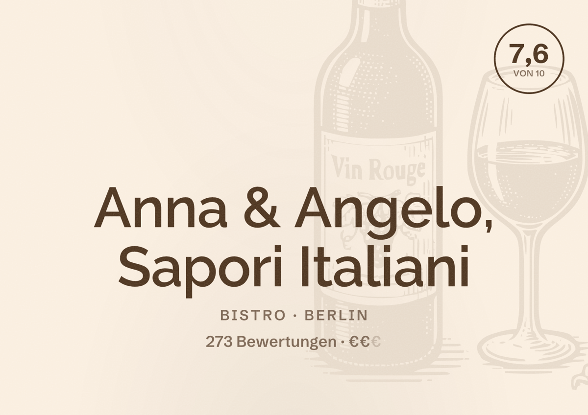 Illustriertes Poster von Anna & Angelo, Sapori Italiani, Bistro in Berlin: Bewertung 7,6 von 10 aus 273 Bewertungen, Preisniveau €€