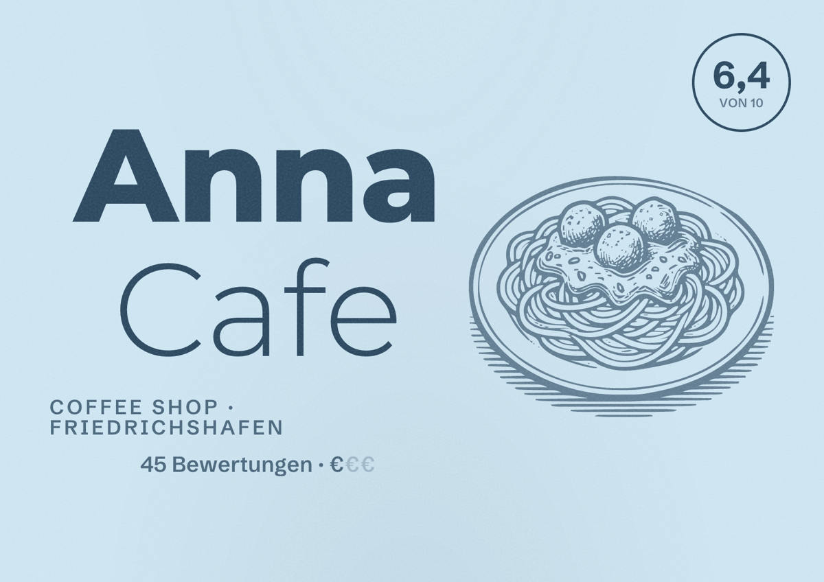 Illustriertes Poster von Anna Cafe, Coffee Shop in Friedrichshafen: Bewertung 6,4 von 10 aus 45 Bewertungen, Preisniveau €