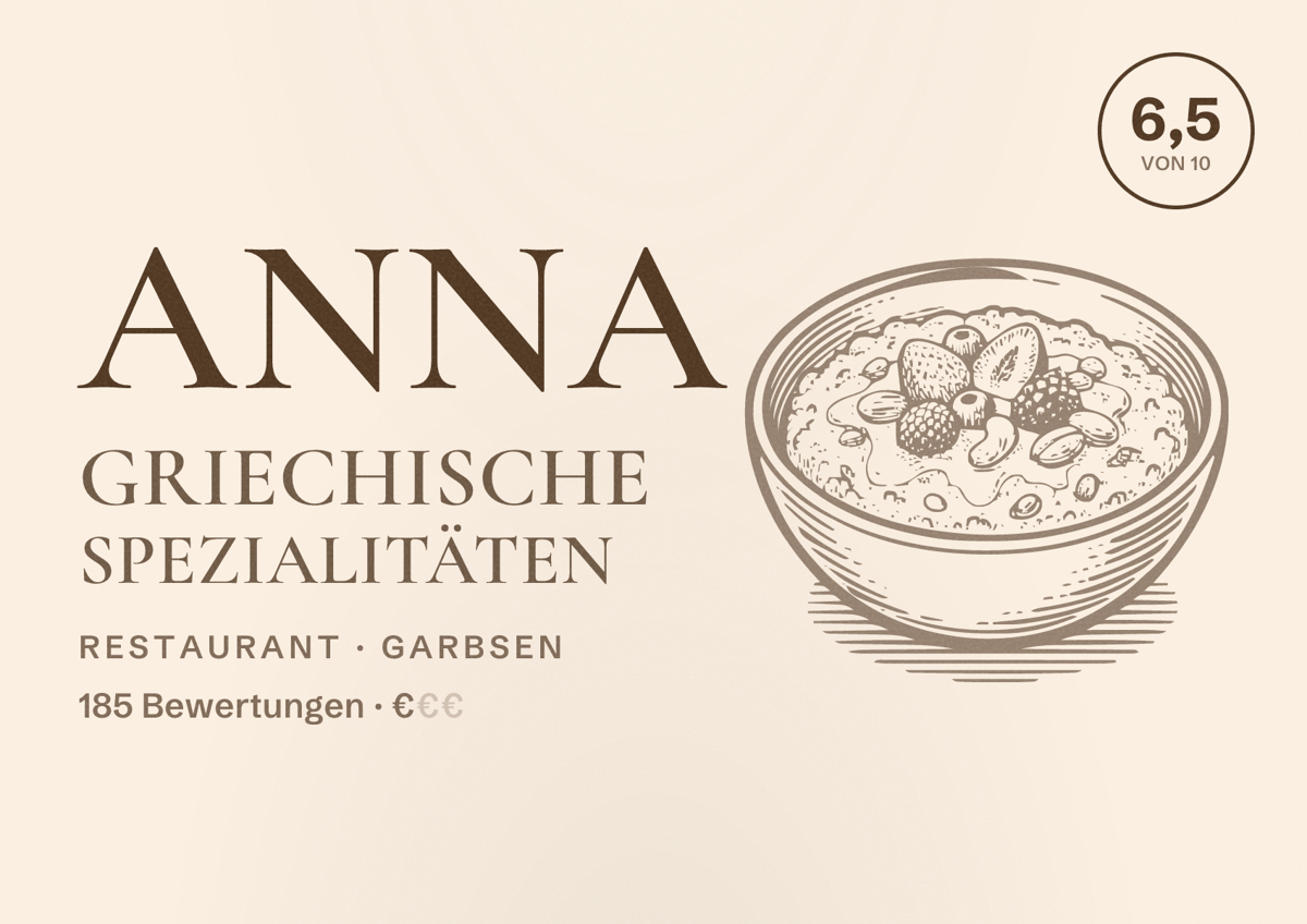 Illustriertes Poster von Anna Griechische Spezialitäten, Restaurant in Garbsen: Bewertung 6,5 von 10 aus 185 Bewertungen, Preisniveau €