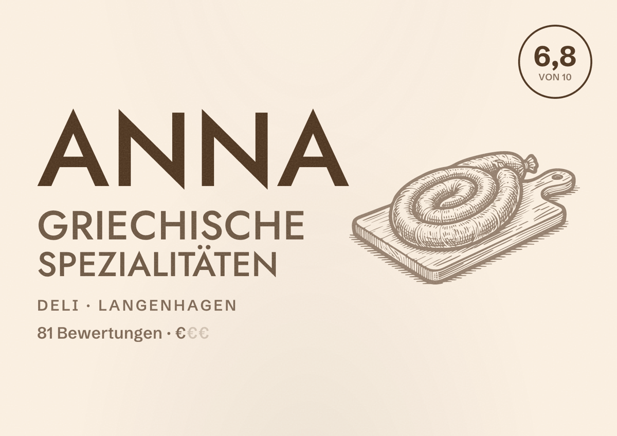 Illustriertes Poster von ANNA Griechische Spezialitäten, Deli in Langenhagen: Bewertung 6,8 von 10 aus 81 Bewertungen, Preisniveau €