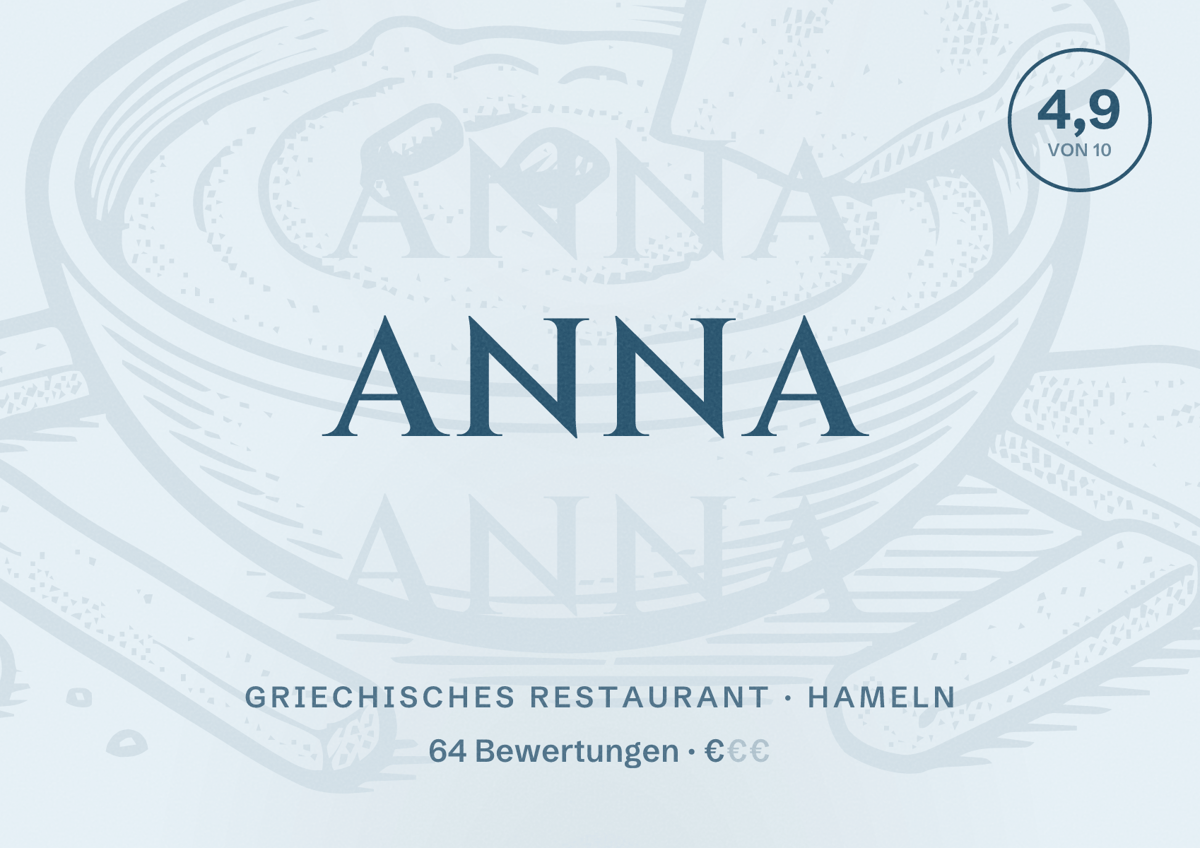 Illustriertes Poster von Anna, Griechisches Restaurant in Hameln: Bewertung 4,9 von 10 aus 64 Bewertungen, Preisniveau €