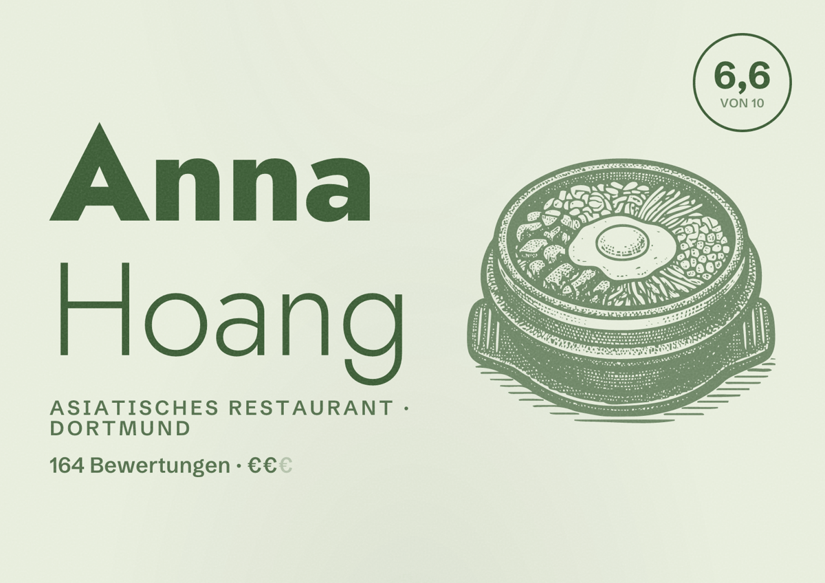 Illustriertes Poster von Anna Hoang, Asiatisches Restaurant in Dortmund: Bewertung 6,6 von 10 aus 164 Bewertungen, Preisniveau €€