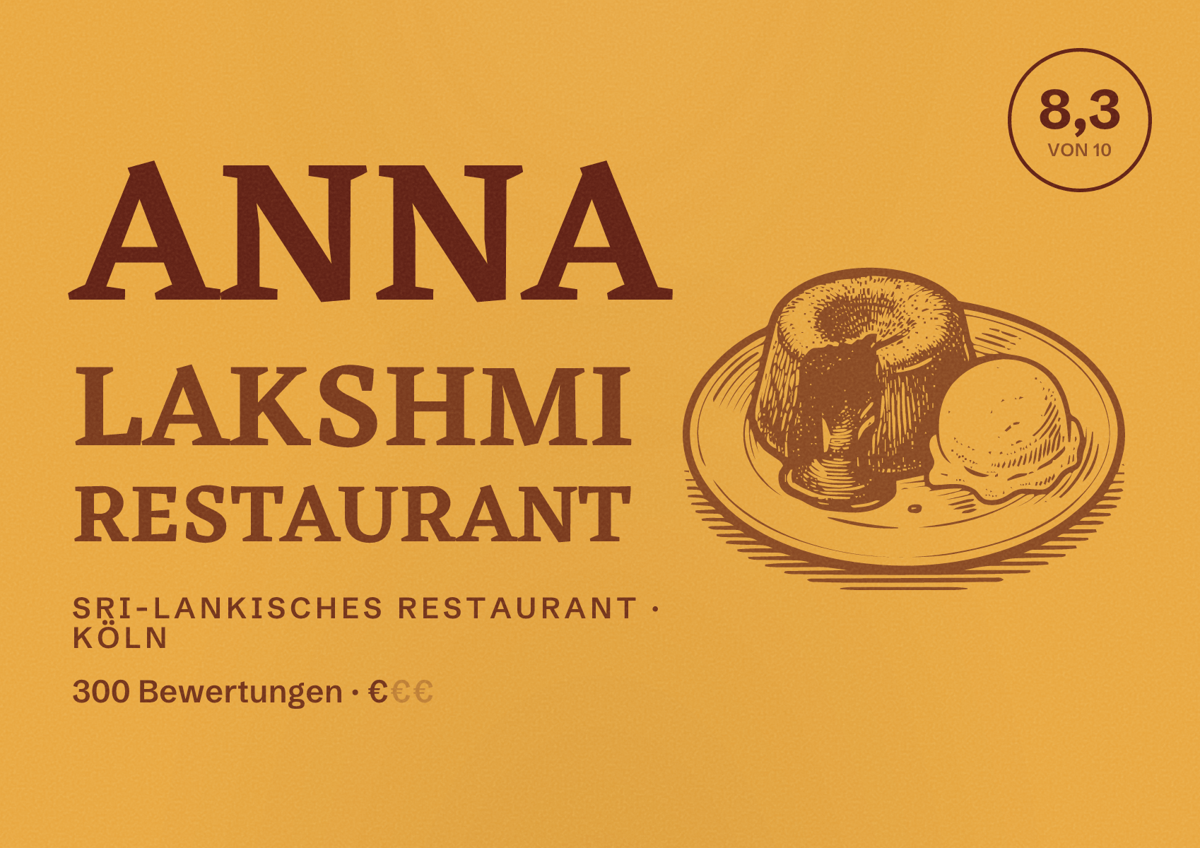 Illustriertes Poster von Anna Lakshmi Restaurant, Sri-Lankisches Restaurant in Köln: Bewertung 8,3 von 10 aus 300 Bewertungen, Preisniveau €