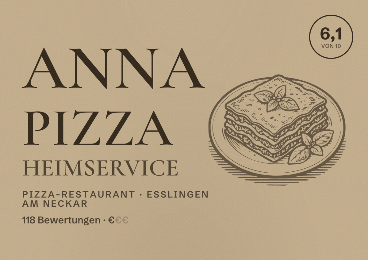 Illustriertes Poster von Anna Pizza Heimservice, Pizza-Restaurant in Esslingen am Neckar: Bewertung 6,1 von 10 aus 118 Bewertungen, Preisniveau €