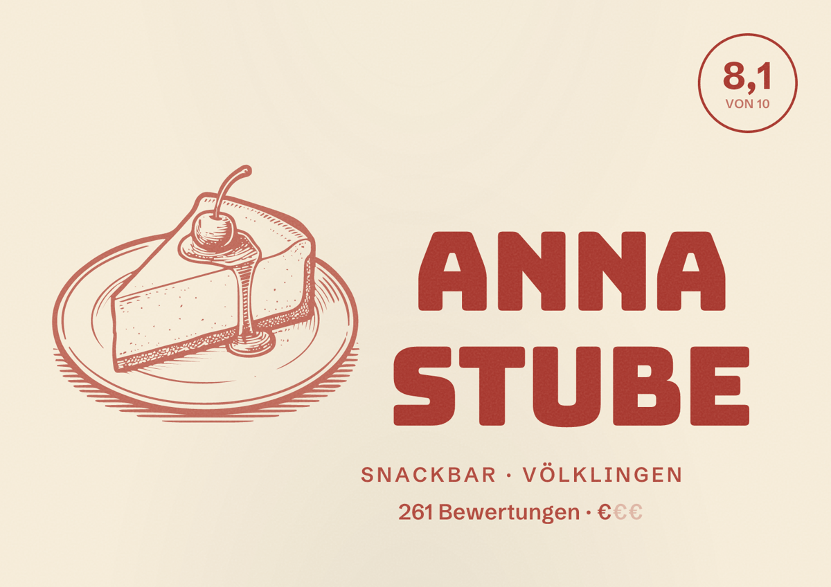 Illustriertes Poster von Anna Stube, Snackbar in Völklingen: Bewertung 8,1 von 10 aus 261 Bewertungen, Preisniveau €