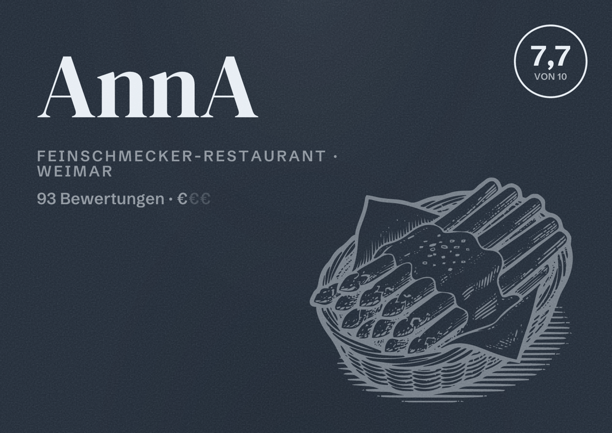 Illustriertes Poster von AnnA, Feinschmecker-Restaurant in Weimar: Bewertung 7,7 von 10 aus 93 Bewertungen, Preisniveau €