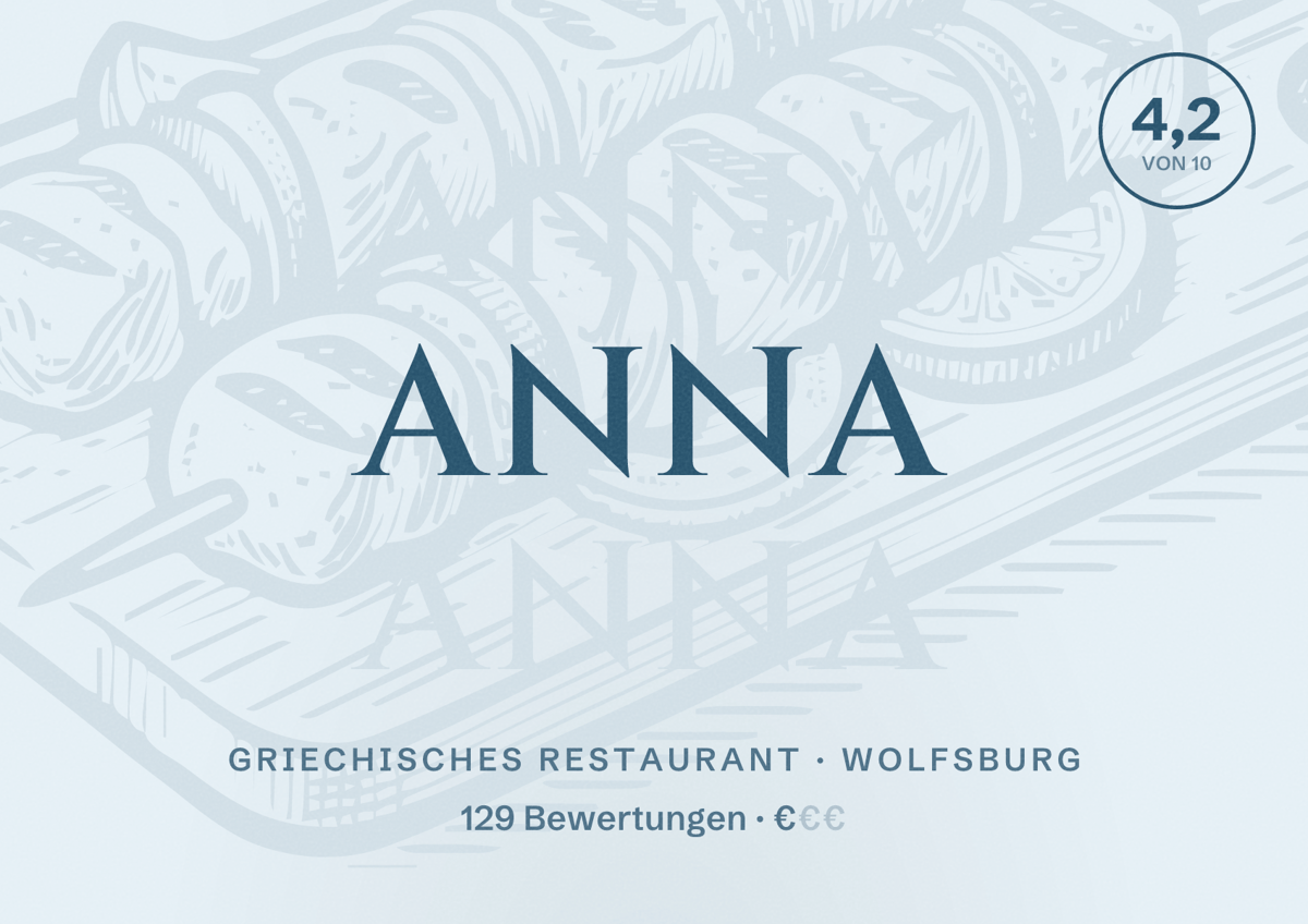 Illustriertes Poster von Anna, Griechisches Restaurant in Wolfsburg: Bewertung 4,2 von 10 aus 129 Bewertungen, Preisniveau €