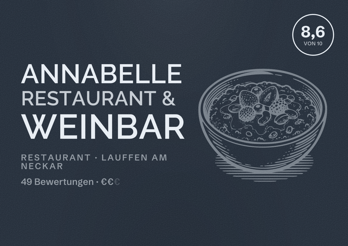 Illustriertes Poster von Annabelle Restaurant & Weinbar, Restaurant in Lauffen am Neckar: Bewertung 8,6 von 10 aus 49 Bewertungen, Preisniveau €€