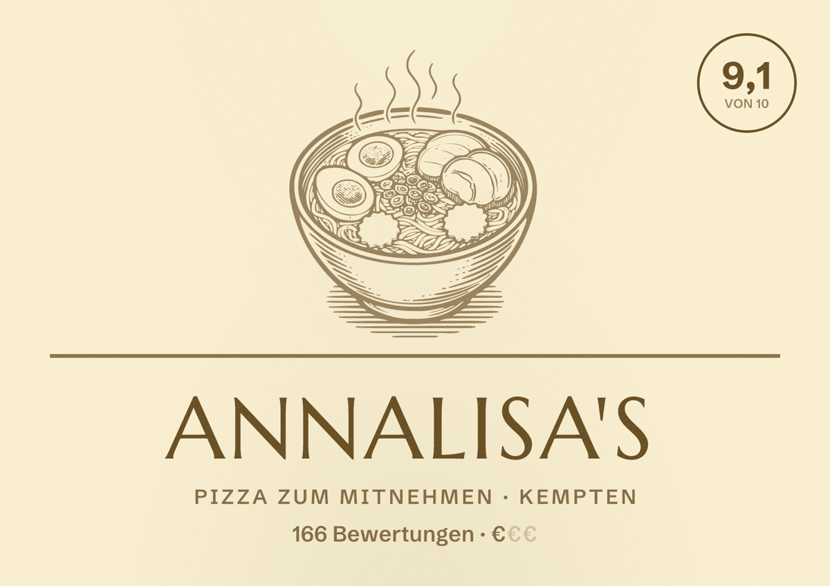 Illustriertes Poster von Annalisa's, Pizza zum Mitnehmen in Kempten: Bewertung 9,1 von 10 aus 166 Bewertungen, Preisniveau €