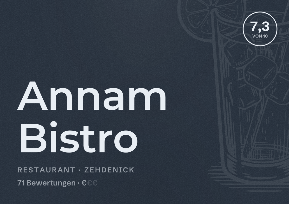 Illustriertes Poster von Annam Bistro, Restaurant in Zehdenick: Bewertung 7,3 von 10 aus 71 Bewertungen, Preisniveau €