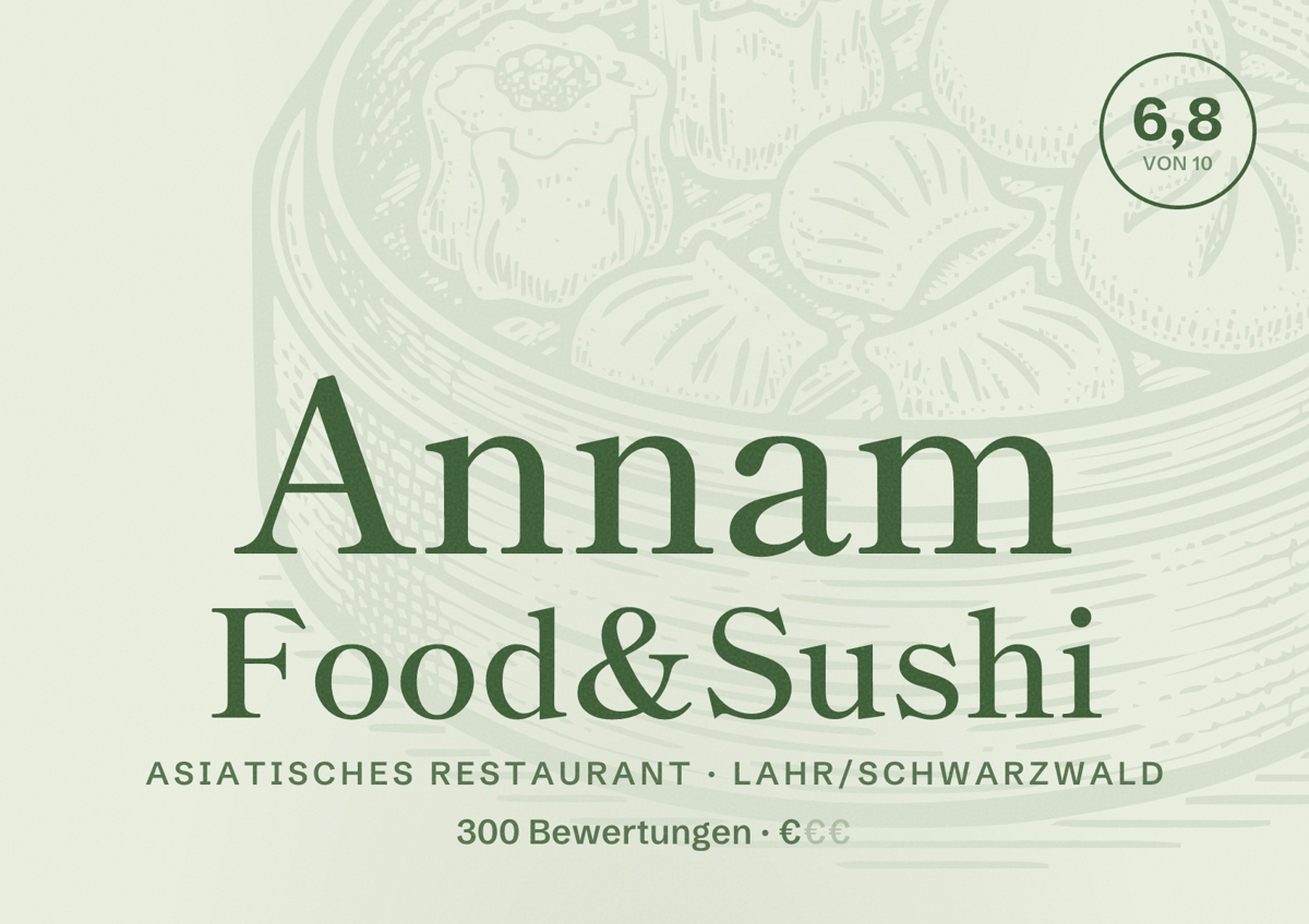 Illustriertes Poster von Annam Food&Sushi, Asiatisches Restaurant in Lahr/Schwarzwald: Bewertung 6,8 von 10 aus 300 Bewertungen, Preisniveau €